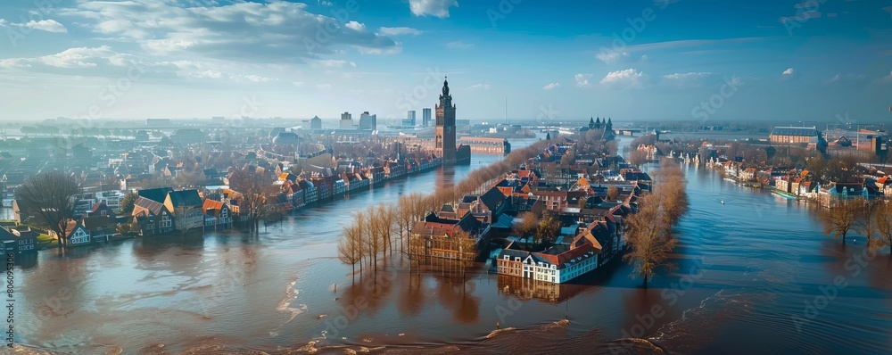 Naklejka premium Aerial view of high water in river Waal in front of the city of Nijmegen, Gelderland, Netherlands.