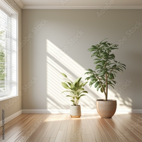 Two pot plants in front of a large window