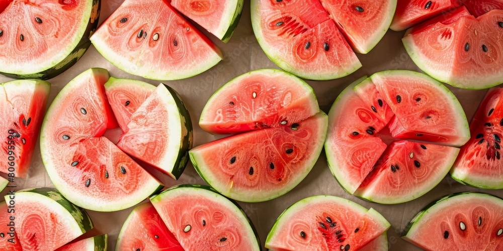 A variety of watermelon slices arranged on a brown surface A variety of watermelon slices arranged on a brown surface