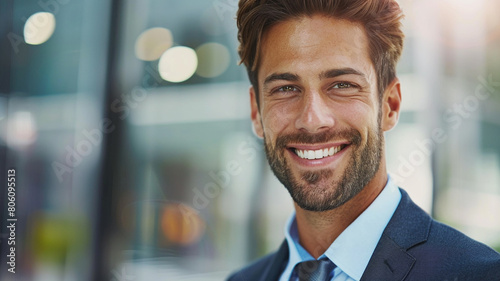 A confident and assured smile, radiating warmth and charisma in any business setting. photo