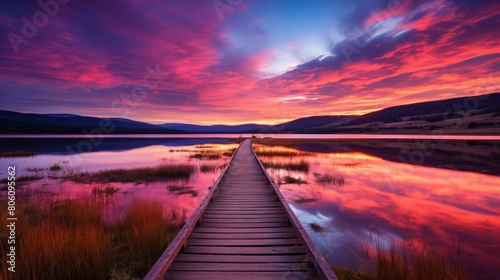 Wooden dock extending into a lake at sunset