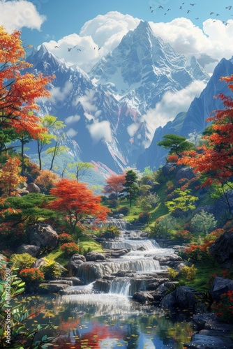 Colorful trees and mountains with a river running through them