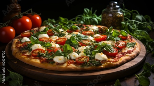 A delicious pizza with fresh tomatoes  mozzarella cheese  and basil