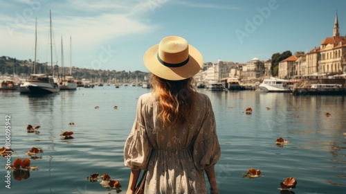 A woman wearing a hat is standing by the sea and looking at the boats. © Adobe Contributor