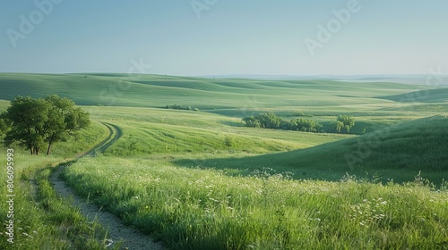 Green rolling hills with a lonely tree and a dirt road