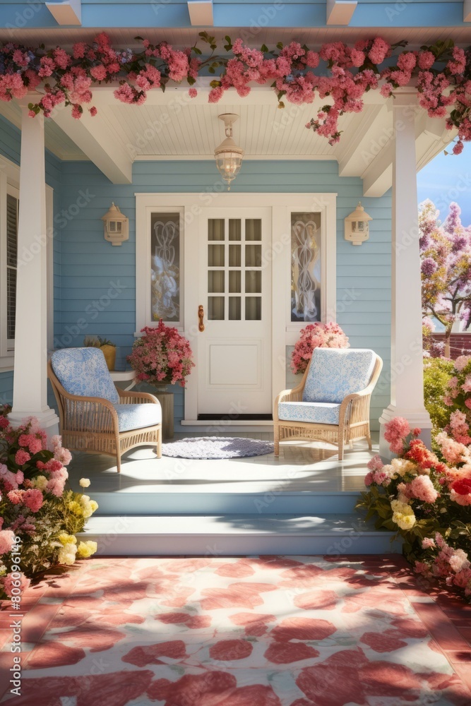 Fototapeta premium A beautiful pink flower covered porch with two wicker chairs