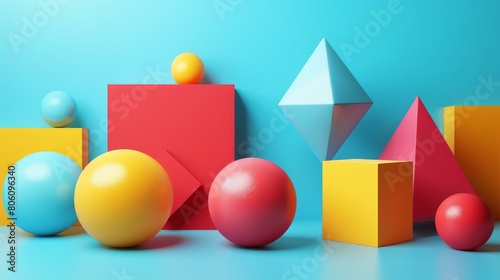 Colorful 3D shapes and spheres against a blue background
