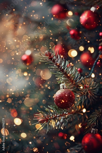 Christmas tree with red ornaments and lights © Adobe Contributor