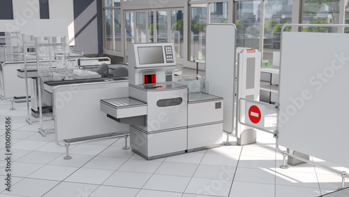Supermarket interior mockup with self-service cash register, cash counters and view of the city through the window. 3d illustration