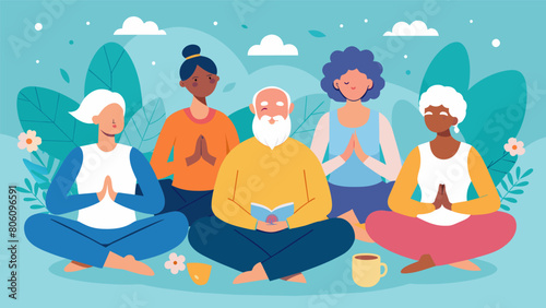 A group of senior citizens finds comfort and companionship through meditative drawing connecting with their inner child and nurturing their minds.. Vector illustration © Justlight