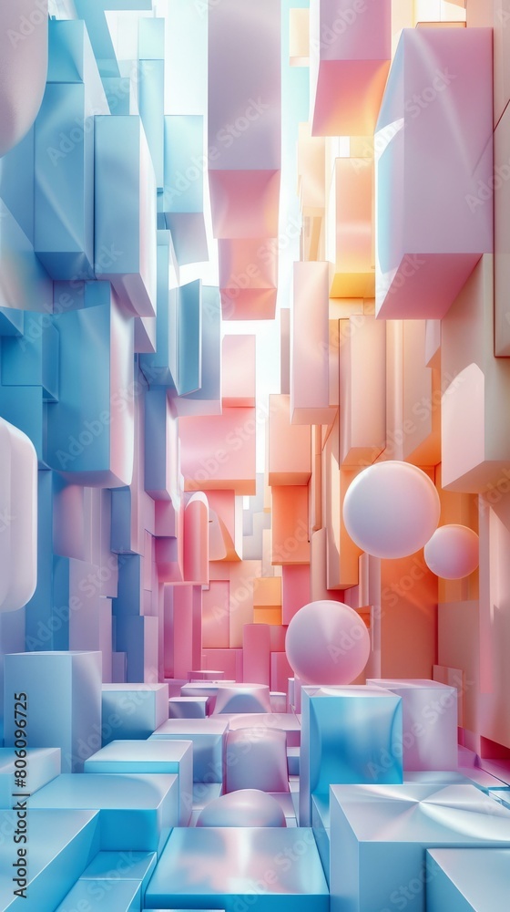 Pink and blue pastel 3D rendering of a city with floating spheres