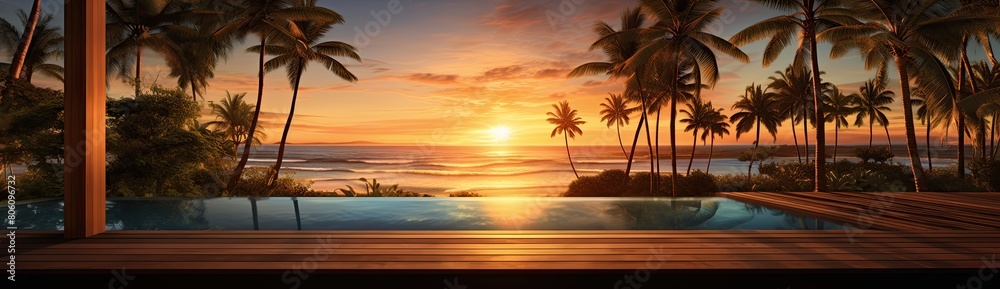 Tropical Twilight: Stunning Sunset Over Ocean with Silhouetted Palm Trees