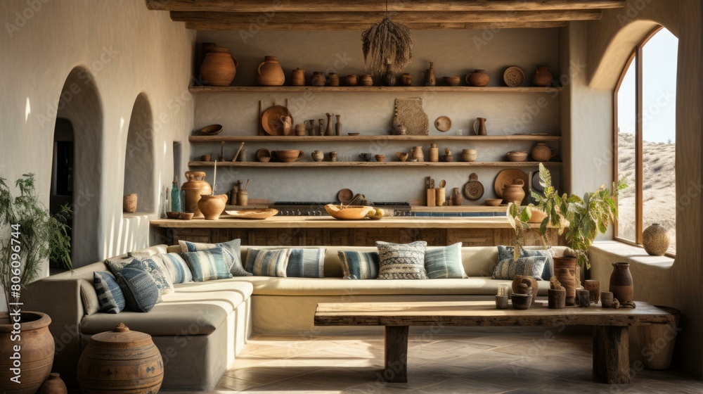 Earthen interior of a home with a seating area and a kitchen