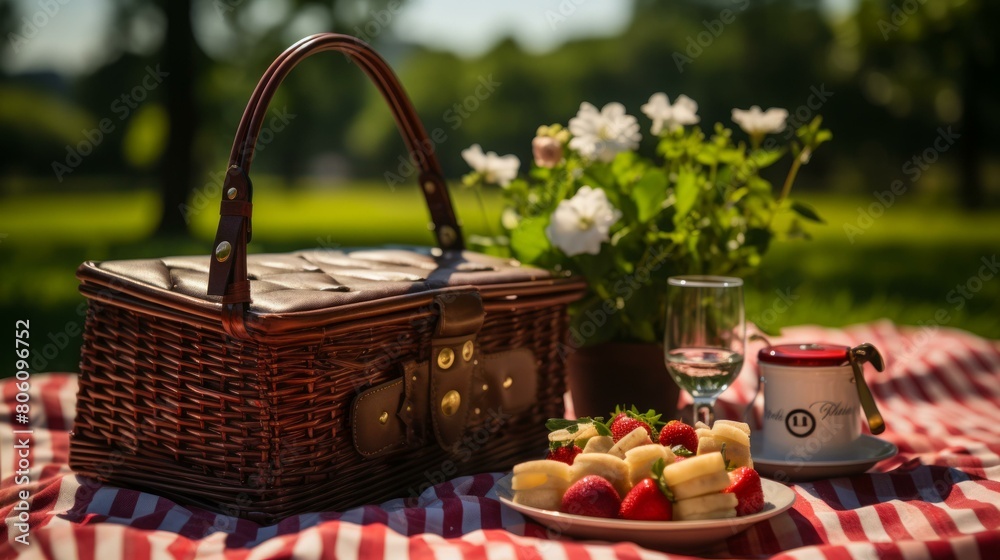Picnic in the park with a basket full of fruits and a glass of wine Picnic in the park with a basket full of fruits and a glass of wine