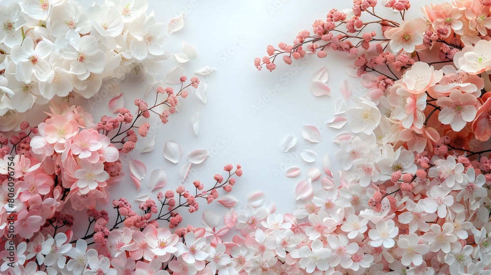 Fototapeta premium Light pink and white cherry blossoms on a white background.