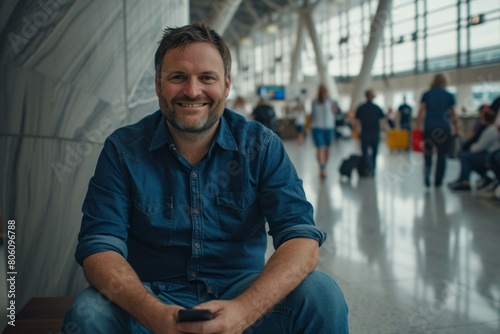 Smiling man sitting on a bench in an airport © Adobe Contributor