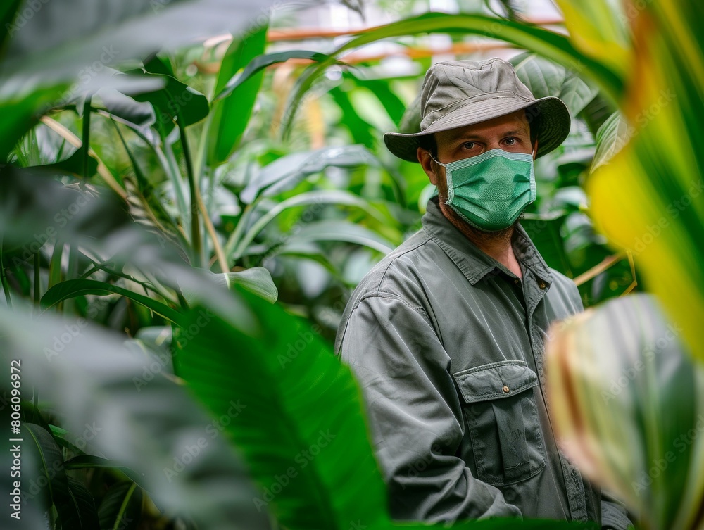 A man wearing a mask and hat is standing in a greenhouse.