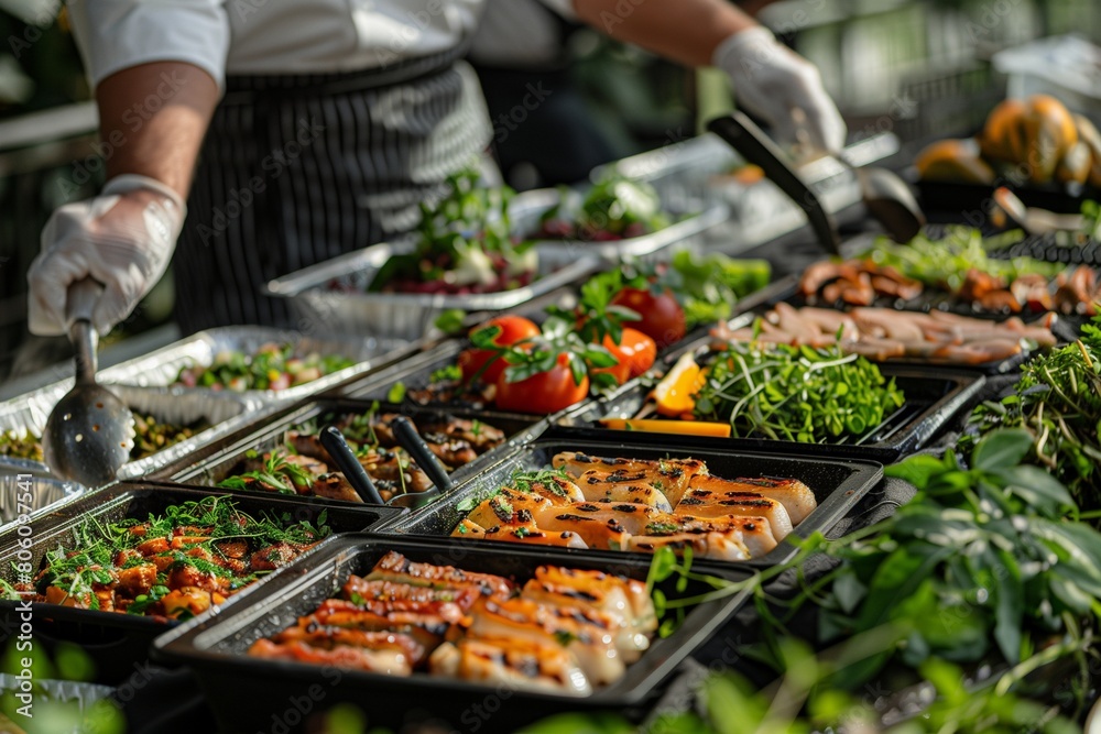 A hands-on cooking scene at an Earth Day festival, where chefs demonstrate the art of grilling using biodegradable utensils and serving dishes made from organic,