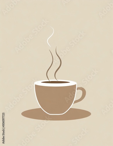 A simple flat design of a classic coffee cup  full of coffee  rendered in a soft brown with a slight steam line rising