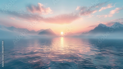 Tranquil seascape with distant mountains at sunset photo
