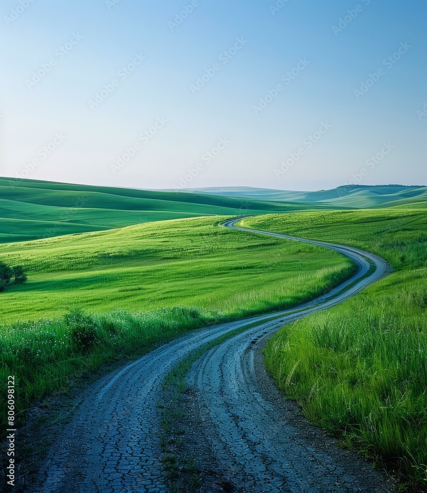 Scenic view of a rural road through green fields