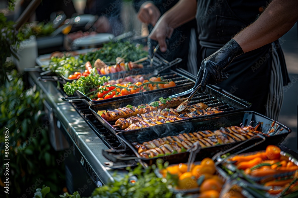 Naklejka premium A hands-on cooking scene at an Earth Day festival, where chefs demonstrate the art of grilling using biodegradable utensils and serving dishes made from organic,