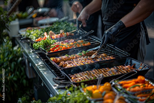 A hands-on cooking scene at an Earth Day festival, where chefs demonstrate the art of grilling using biodegradable utensils and serving dishes made from organic,