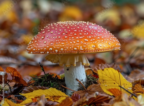 Red mushroom in the middle of fallen leaves
