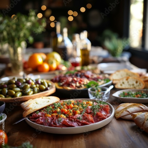 A delicious Italian meal with various meats  olives  tomatoes and bread