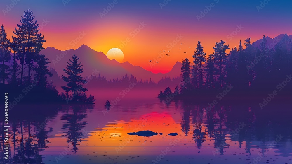 A colorful sunset over a tranquil lake, with silhouetted trees and mountains in the distance, a stunning nature background.