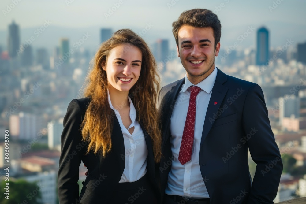 Two young professionals smiling in front of a cityscape Two young professionals smiling in front of a cityscape
