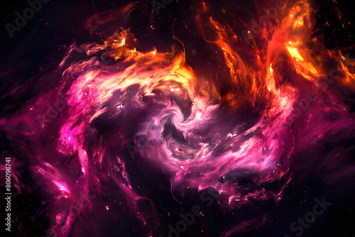 Vibrant neon galaxy with pink and orange swirling patterns. A mesmerizing artwork on black background.
