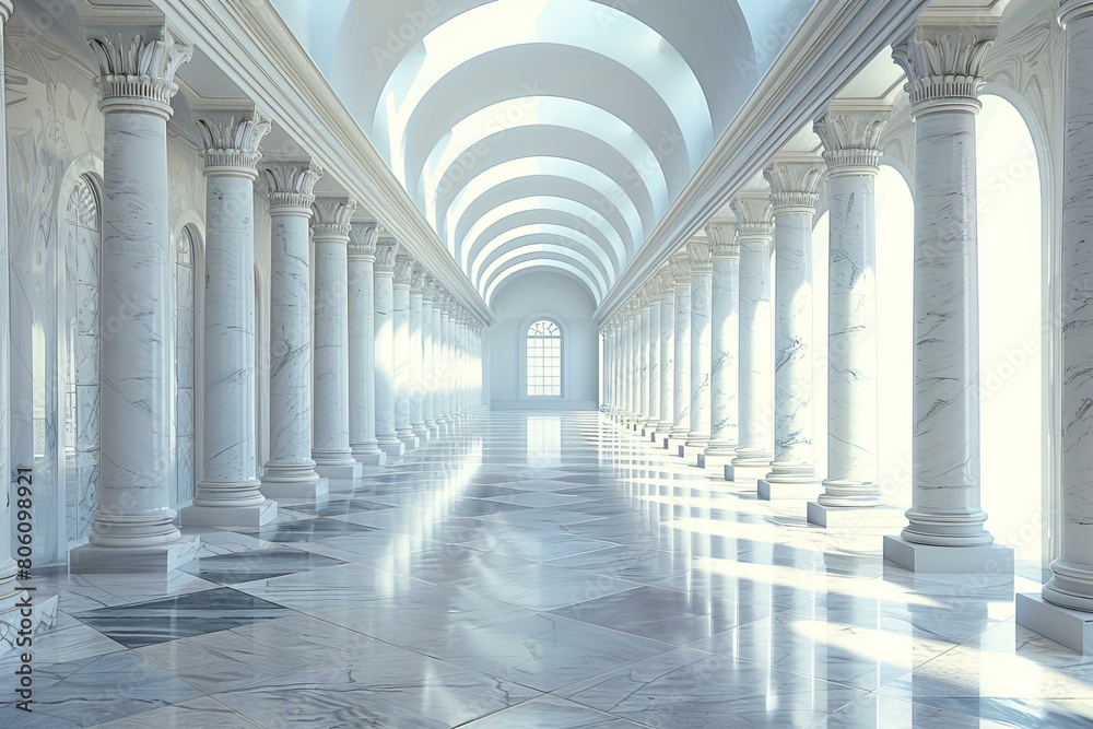 A long marble hallway with columns on both sides