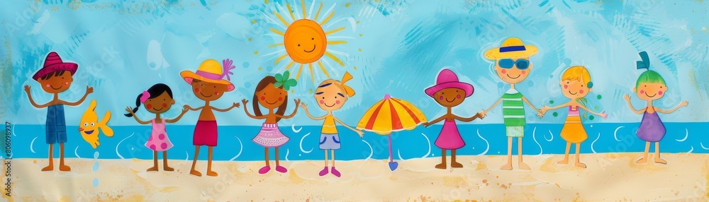 Pediatric educational poster with fun cartoons showing skin protection from the sun, engaging and colorful for children
