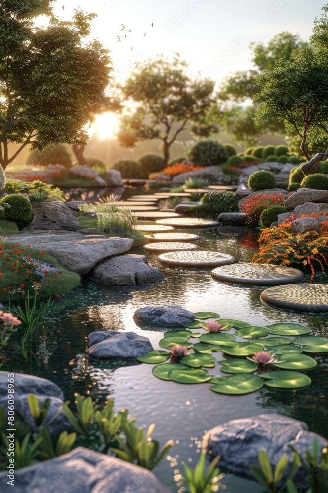 Stepping stones in a pond with lily pads and flowers