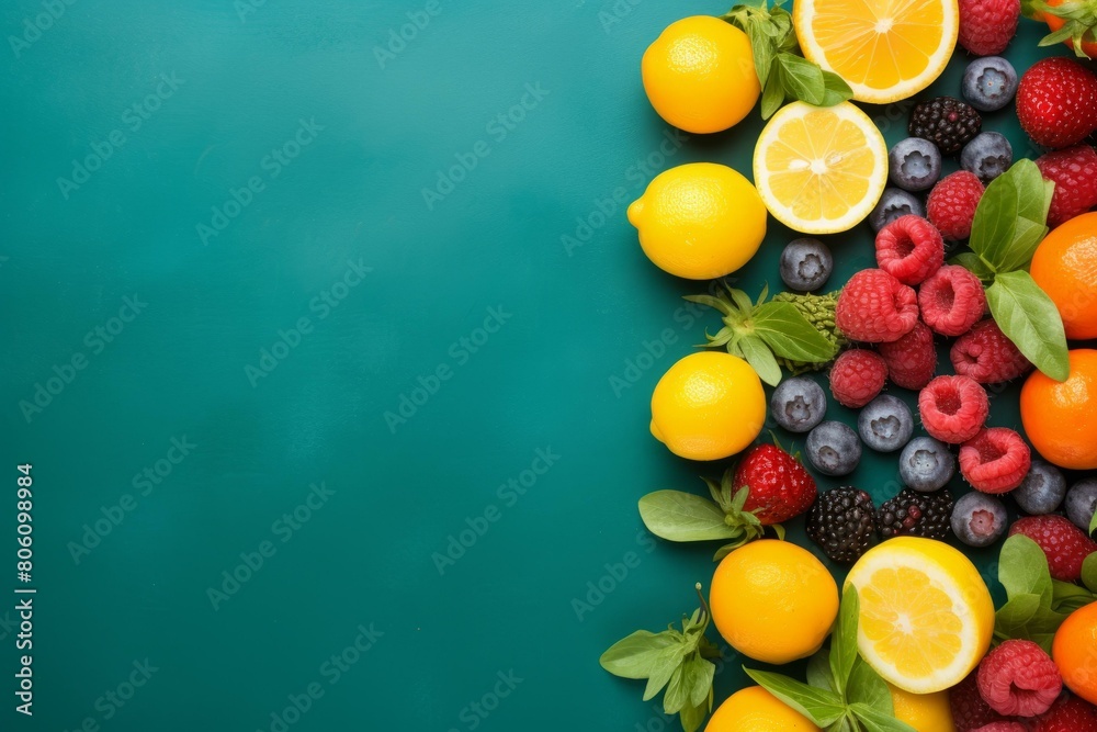 Various citrus fruits and berries on a green background Various citrus fruits and berries on a green background