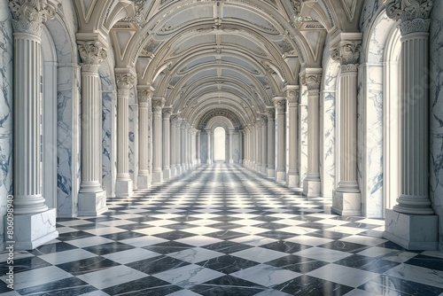 Black and white marble floor tiles in a long hallway
