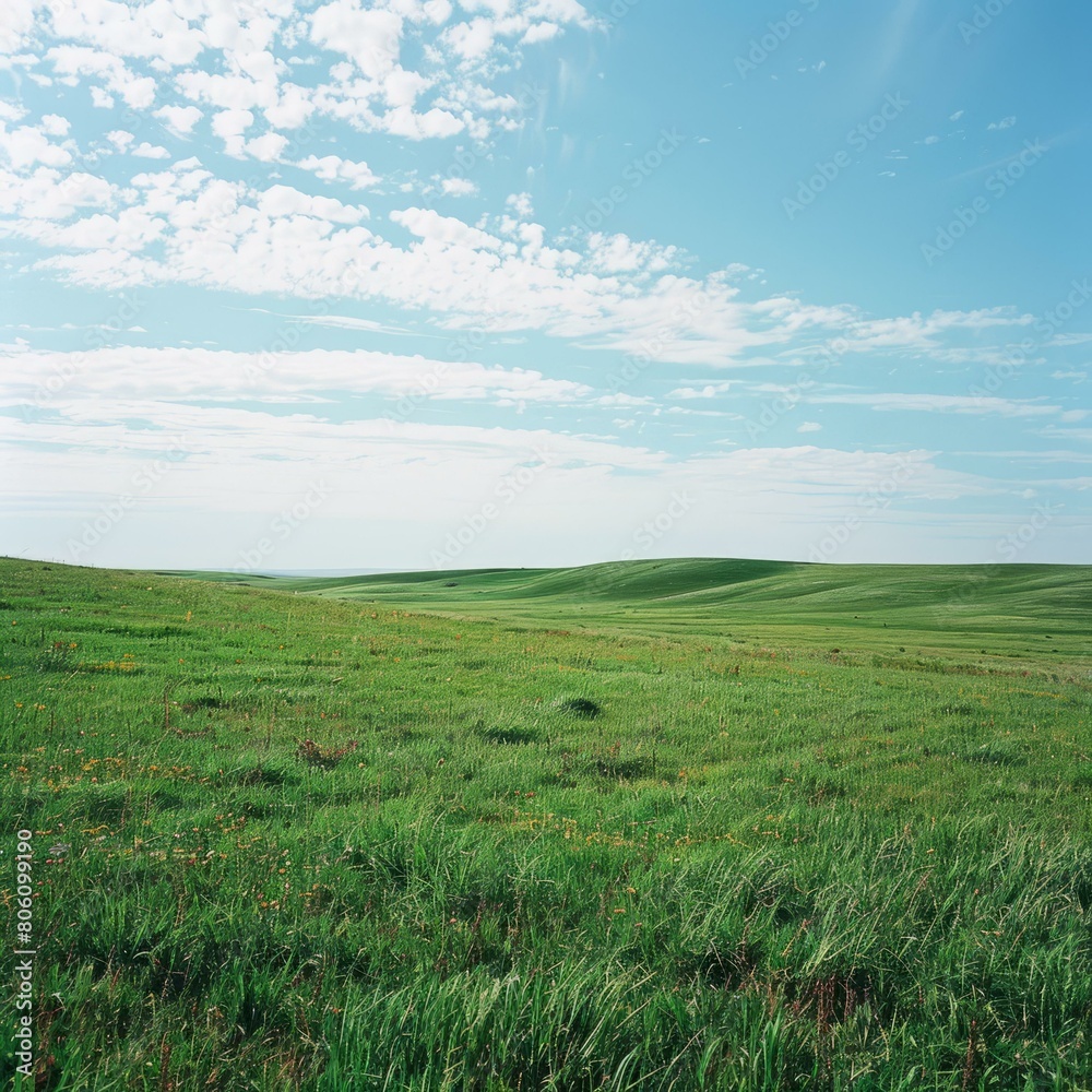 Vast green rolling hills under a blue sky with white clouds Vast green rolling hills under a blue sky with white clouds