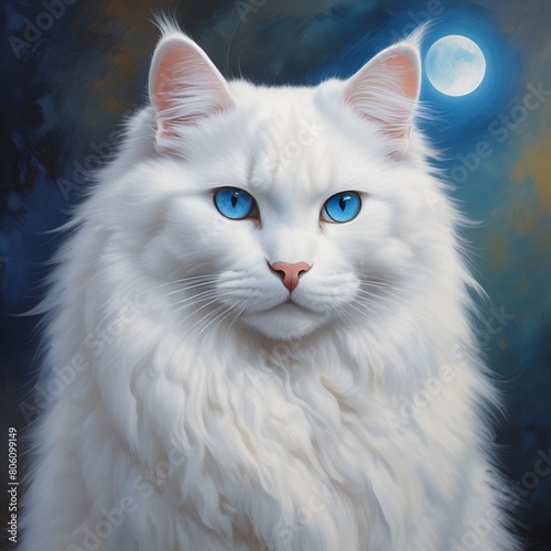 A white fluffy cat with blue eyes illustration  © Francesca