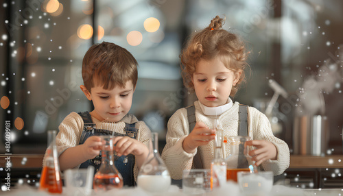 Little children conducting chemistry experiment in science classroom © Oleksiy