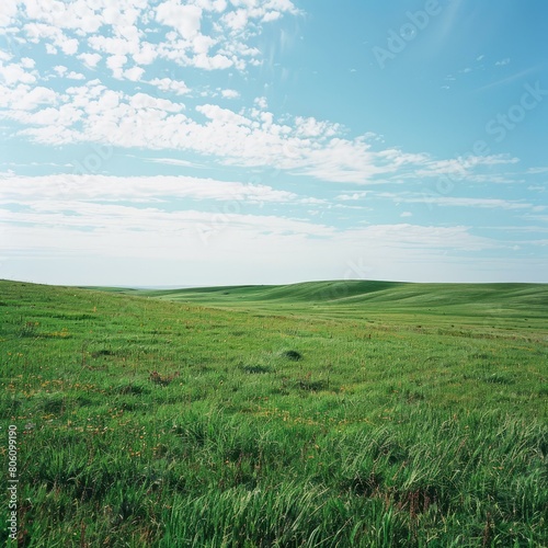 Vast green rolling hills under a blue sky with white clouds