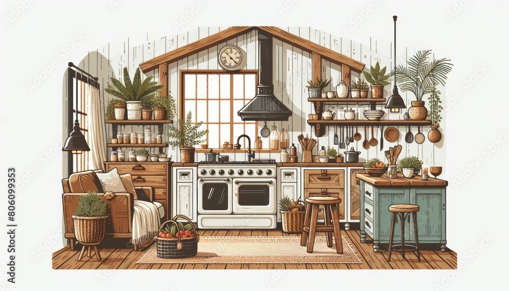 Obraz premium Warm Farmhouse Kitchen with Classic Wooden Features