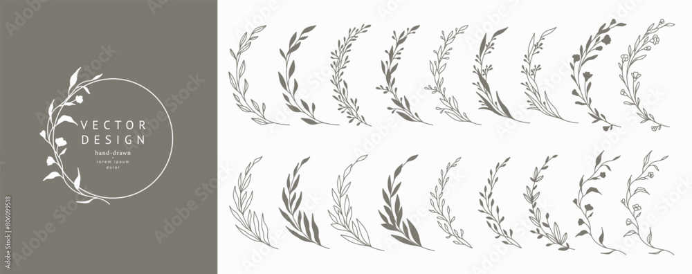 Hand drawn botanical floral elements in line art and silhouette style. Flowers, branches and leaves. Vector set for label, logo, corporate identity, wedding invitation, wreath, frame, border.