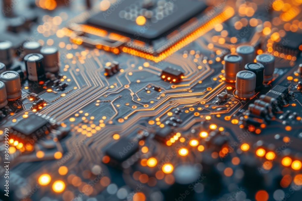 Close-up of an electronic circuit board with orange glowing lights Close-up of an electronic circuit board with orange glowing lights