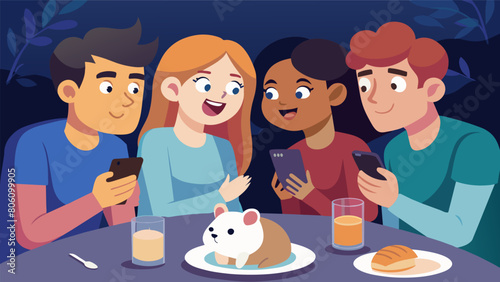 A group of friends out for dinner taking turns cooing at their sleepy hamster through a pet camera on their friends phone.. Vector illustration