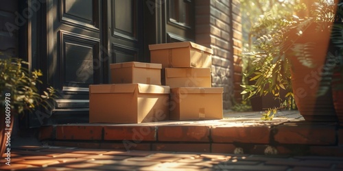 Cardboard boxes sit on the concrete and brick floor of a covered porch. photo