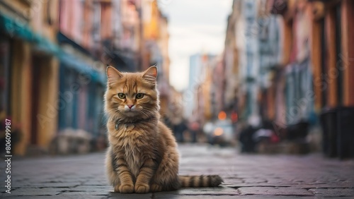 Cat on the street, cute pet alone in town, stray homeless animal photo