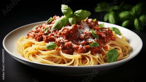 A plate of spaghetti with tomato sauce and basil