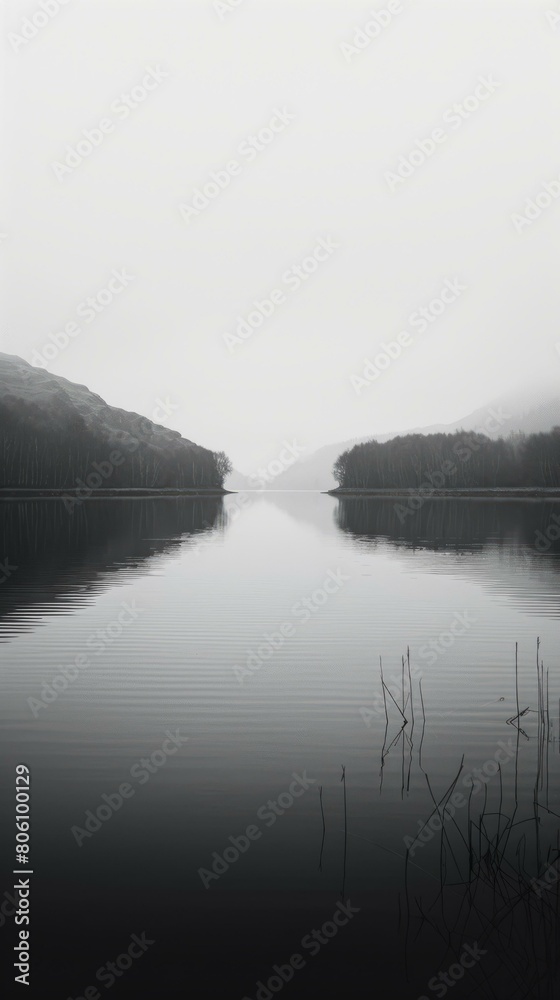Black and white photo of a lake in the mountains