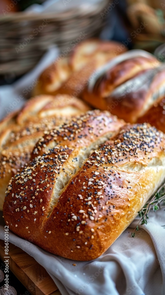 Loaf of bread with sesame seeds on a white cloth